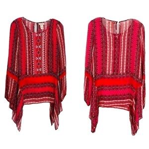 SUNDANCE | SIZE XS | SEMI SHEER EMBROIDERED TAPESTRY RED BLOUSE | BELL SLEEVES